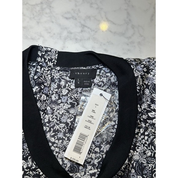 NWT Theory Klima Silk Floral Top Short Sleeve Button Back Black White Large - Picture 4 of 9